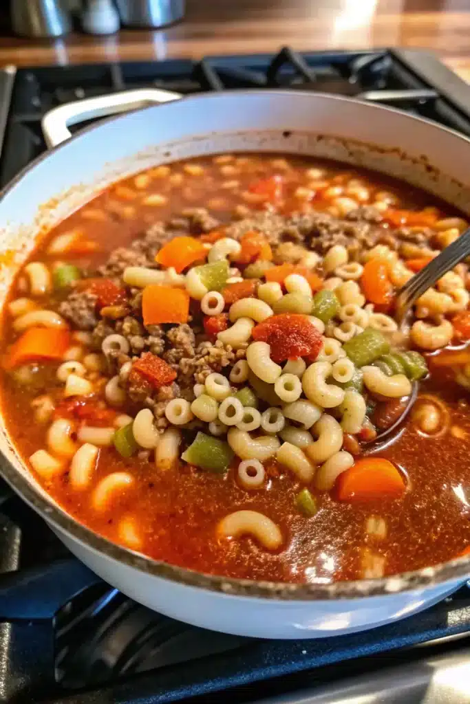 Classic Hamburger Soup, a flavorful combination of beef, tomatoes, and vegetables in a savory broth.