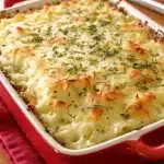 A comforting Southern Sweet Onion Casserole with caramelized onions, a creamy filling, and a golden, crispy topping served in a vibrant red dish.