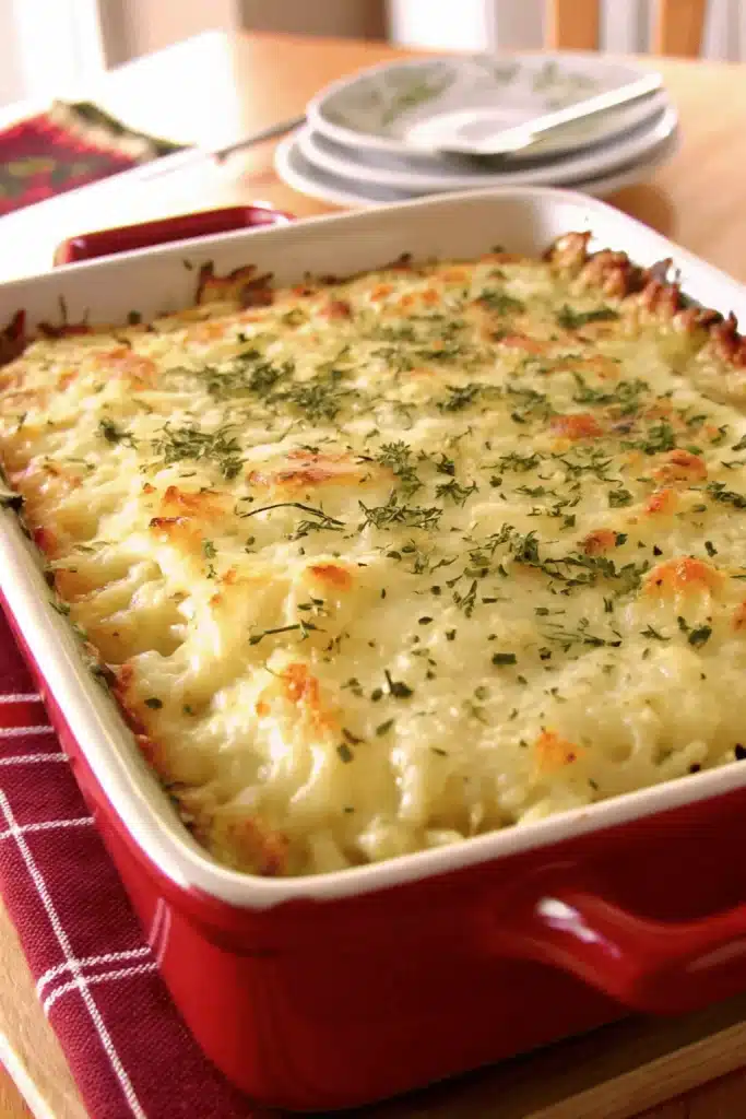 A comforting Southern Sweet Onion Casserole with caramelized onions, a creamy filling, and a golden, crispy topping served in a vibrant red dish.