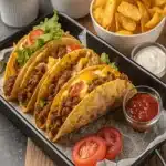 Cheese Steak Tacos with Buffalo Fries loaded with tender beef, melted cheese, and crispy buffalo-seasoned fries for a bold and flavorful meal.
