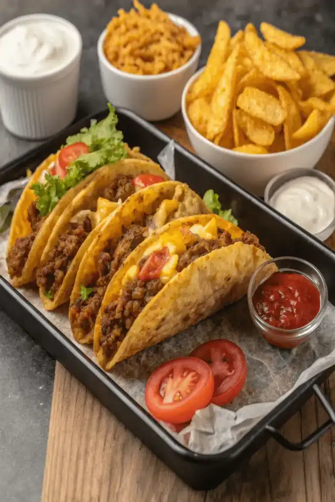 Cheese Steak Tacos with Buffalo Fries loaded with tender beef, melted cheese, and crispy buffalo-seasoned fries for a bold and flavorful meal.