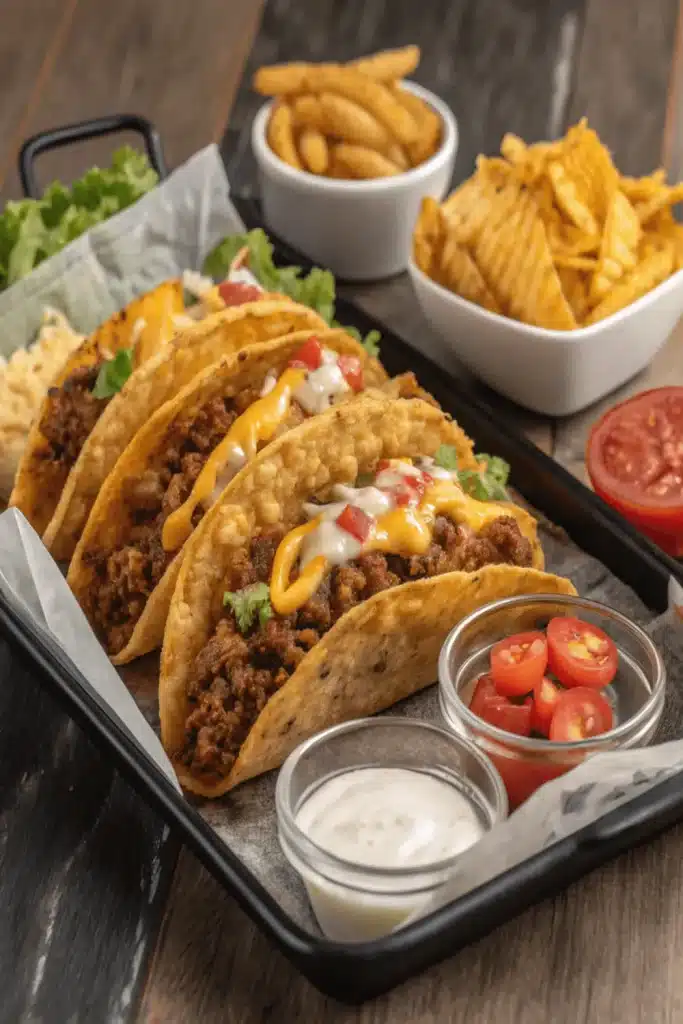 Cheese Steak Tacos with Buffalo Fries loaded with tender beef, melted cheese, and crispy buffalo-seasoned fries for a bold and flavorful meal.