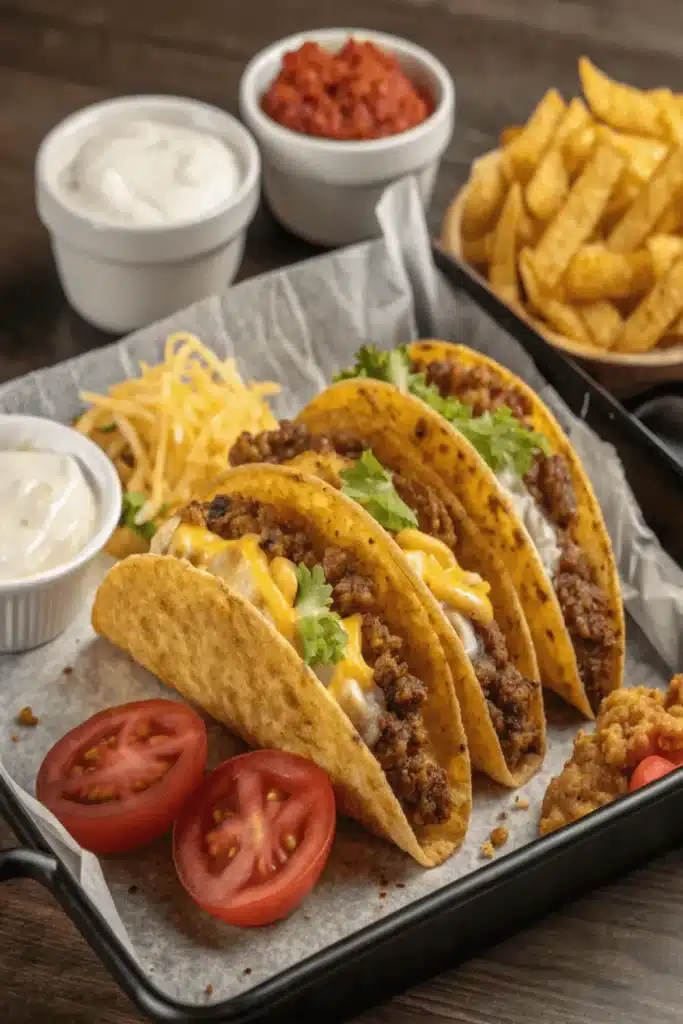 Cheese Steak Tacos with Buffalo Fries loaded with tender beef, melted cheese, and crispy buffalo-seasoned fries for a bold and flavorful meal.