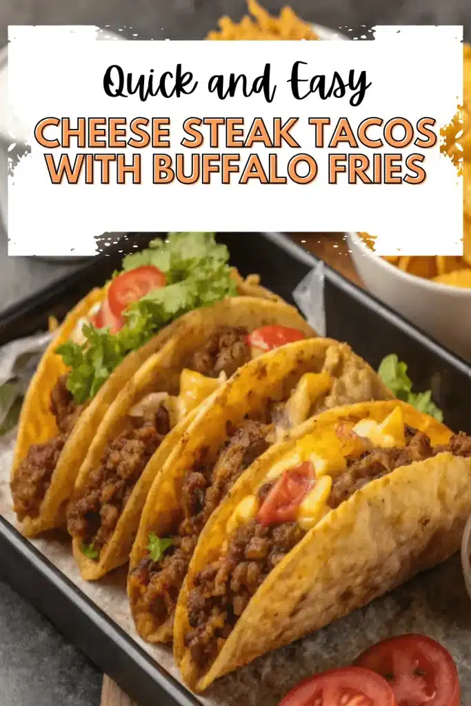 Cheese Steak Tacos with Buffalo Fries loaded with tender beef, melted cheese, and crispy buffalo-seasoned fries for a bold and flavorful meal.