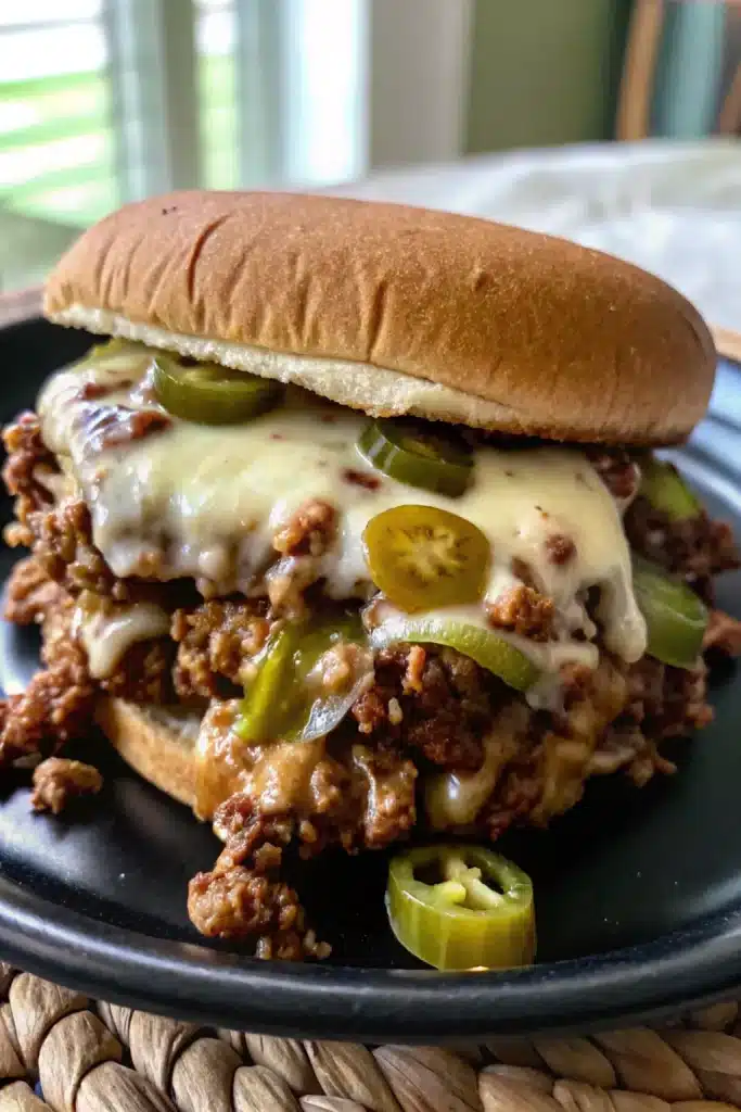 Savory and gooey Philly Cheesesteak Sloppy Joes, a family-friendly dinner idea.