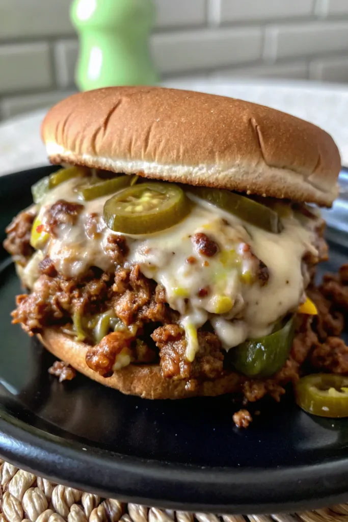 Philly Cheesesteak Sloppy Joes, a quick and easy recipe for a cheesy, meaty sandwich.