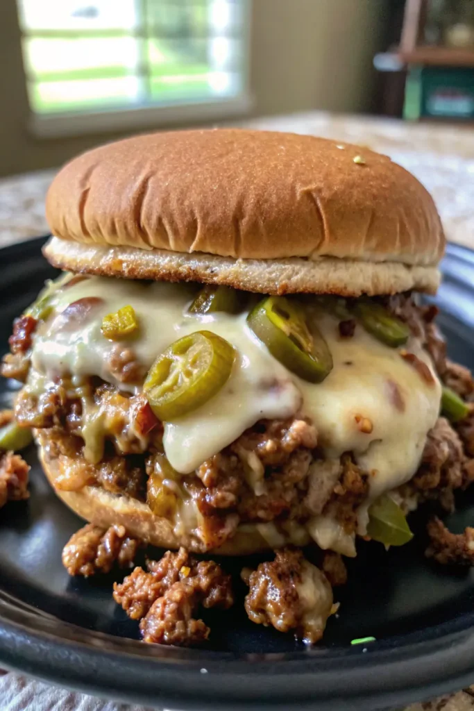 Delicious Philly Cheesesteak Sloppy Joes, packed with flavorful beef and melted cheese.