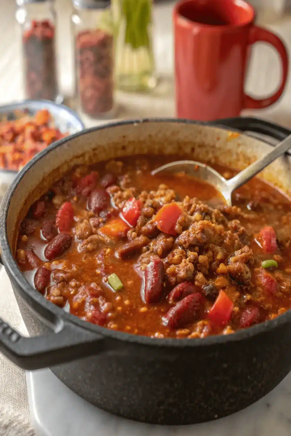 Wendy's Copycat Chili simmered with ground beef, beans, tomatoes, and spices for a hearty and comforting dish.