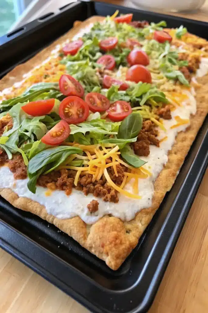 Taco Pizza topped with seasoned beef, melted cheese, and fresh veggies for a flavorful twist.