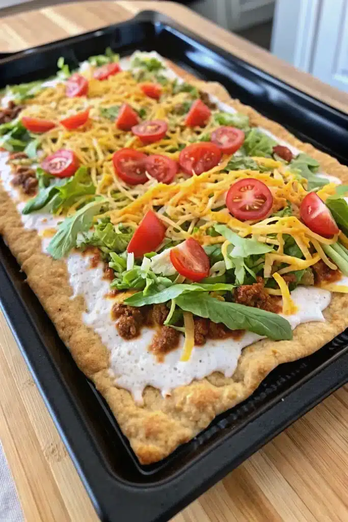 Homemade Taco Pizza combining crispy crust with all your favorite taco toppings.