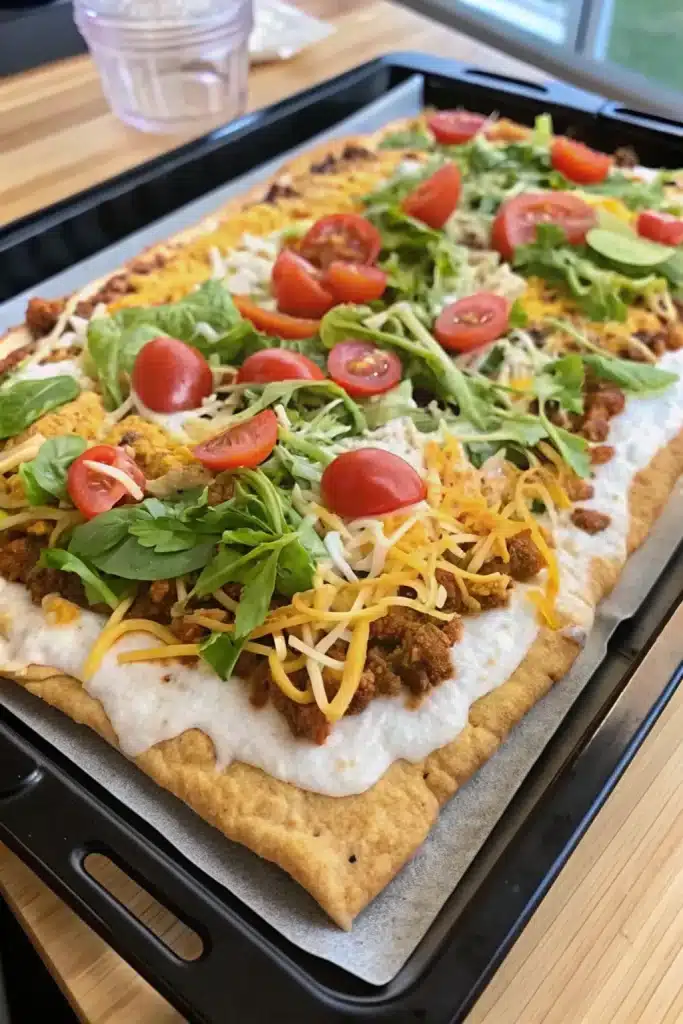 Cheesy and savory Taco Pizza, the perfect fusion of tacos and pizza for an easy dinner.