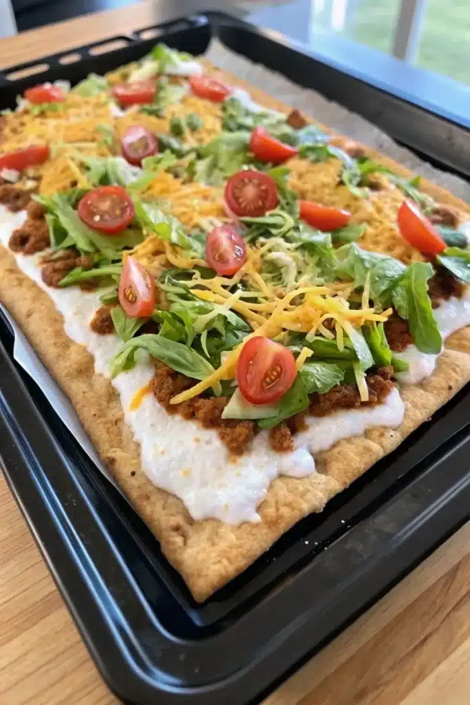 Delicious Taco Pizza loaded with seasoned meat, cheese, and fresh vegetables for a satisfying meal.