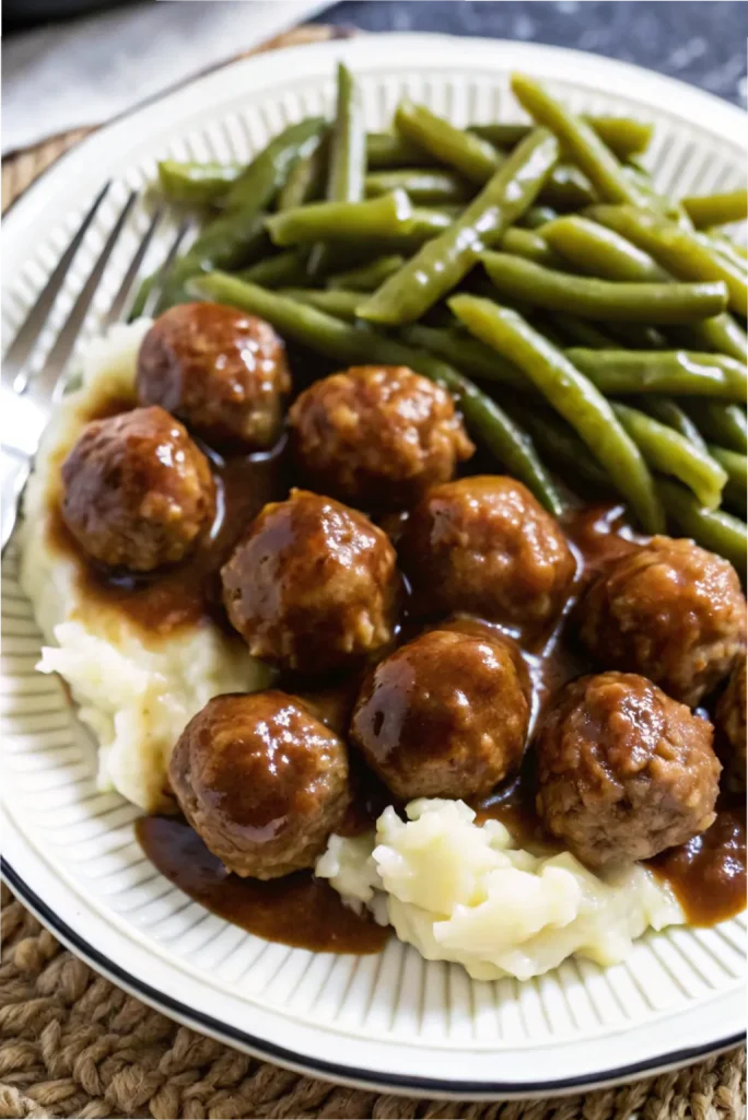 Homemade Salisbury Steak Meatballs served with a savory mushroom gravy, perfect for dinner.