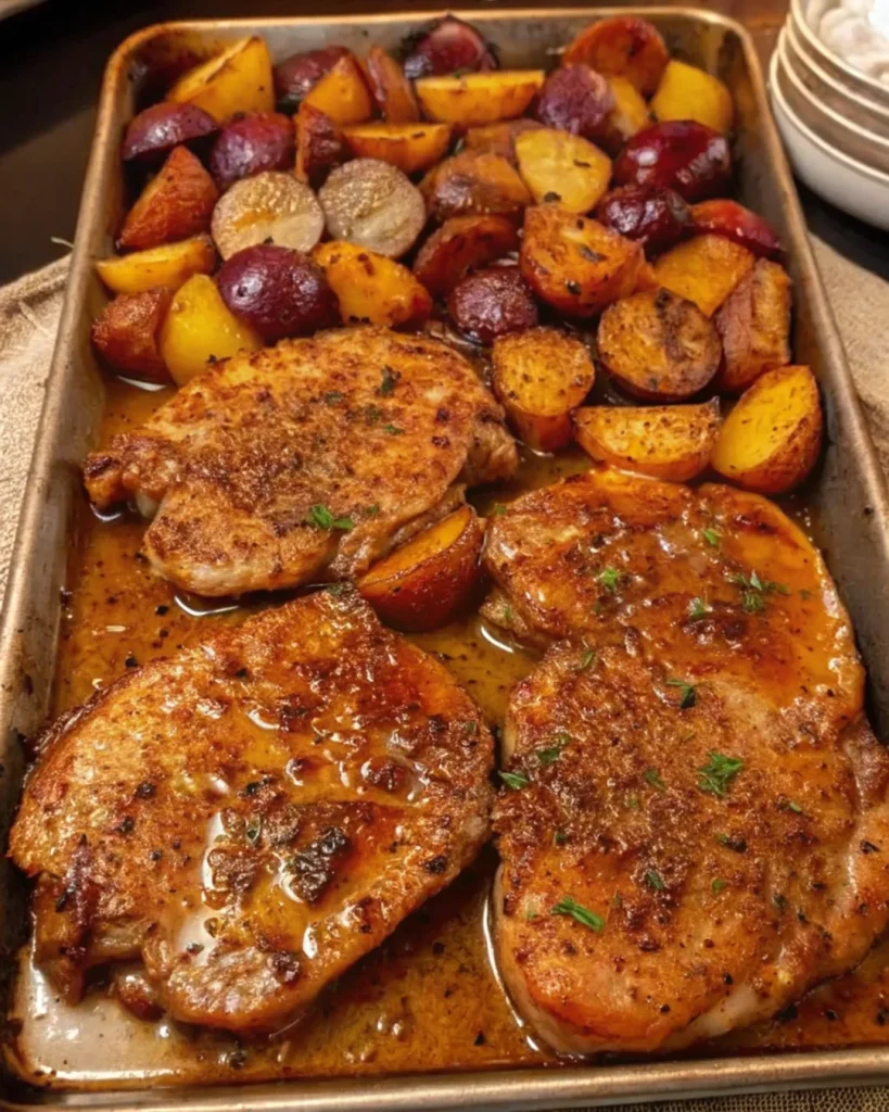 15 sheet pan pork chops with multi colored potatoes