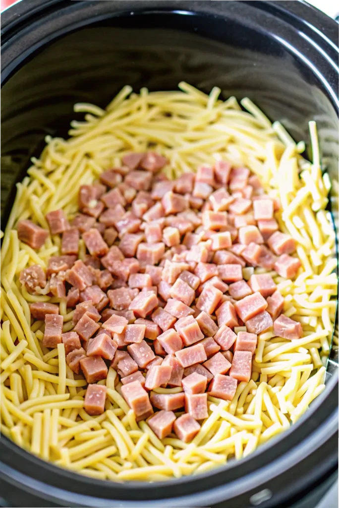 Creamy Crockpot Ham and Potato Casserole, loaded with tender potatoes and smoky ham.