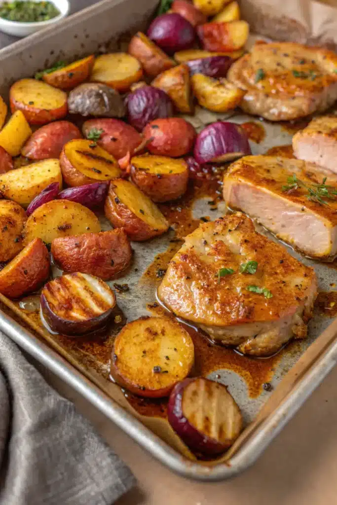 18 sheet pan pork chops with multi colored potatoes 1