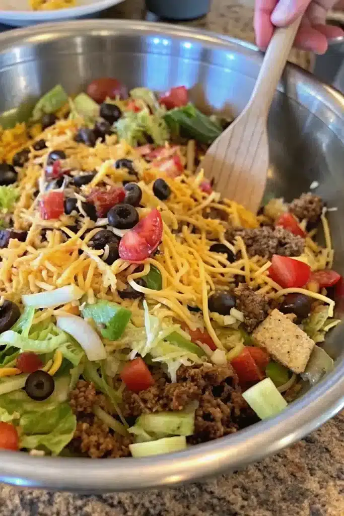 Homemade Taco Salad, loaded with lettuce, tomatoes, cheese, and zesty taco-seasoned meat.