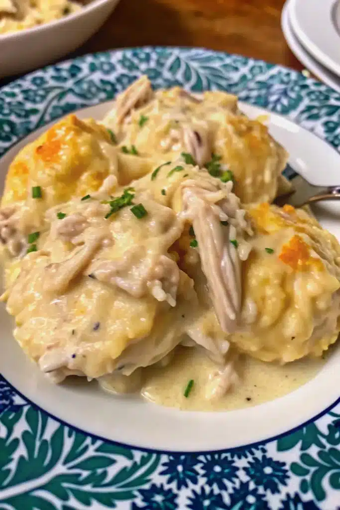 Delicious Crock Pot Chicken and Dumplings, featuring tender chicken and rich, creamy broth.