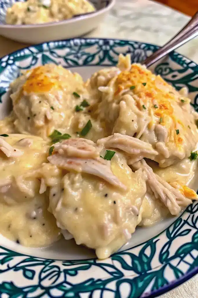 Hearty Crock Pot Chicken and Dumplings, made with creamy broth, chicken, and homemade dumplings.