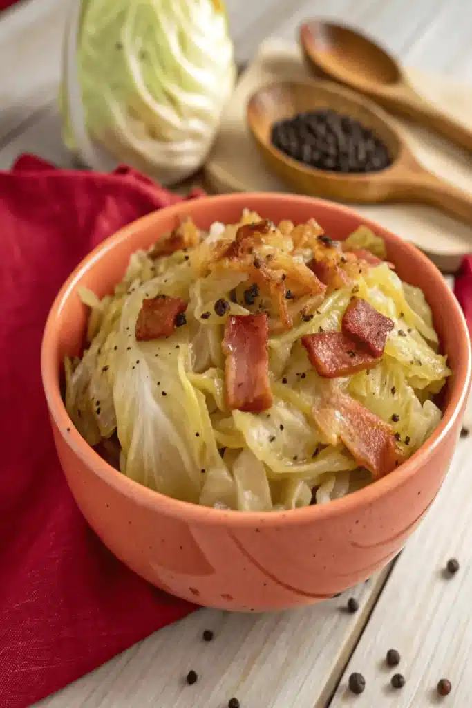 Fried Cabbage with Onions and Bacon skillet dish featuring tender cabbage, caramelized onions, and crispy bacon for a delicious comfort food meal.