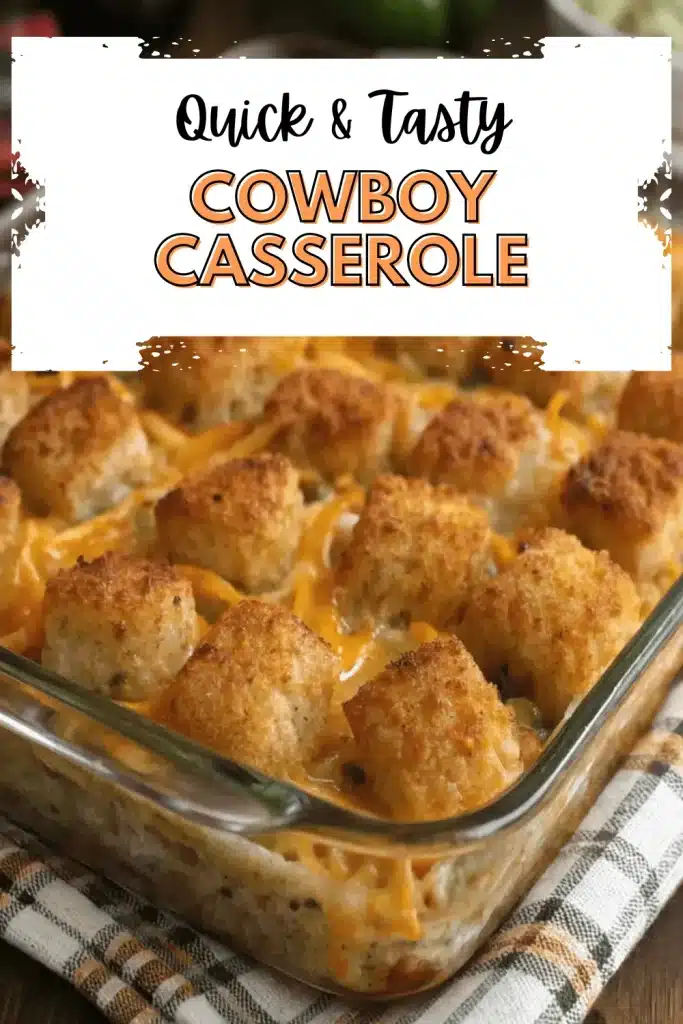 Cowboy Casserole baked with crispy tater tots, seasoned ground beef, and melted cheese for the ultimate comfort food.