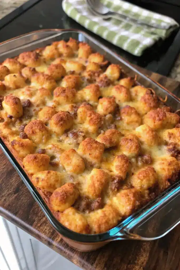 Classic Tator Tot Casserole, layered with seasoned beef, creamy sauce, and golden tater tots.