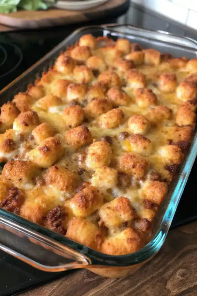 Tator Tot Casserole, a savory and satisfying dish perfect for weeknight dinners or potlucks.