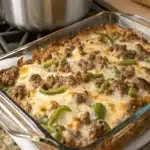 Philly Cheesesteak Casserole loaded with savory beef, sautéed peppers, onions, and melted cheese for a comforting dinner.