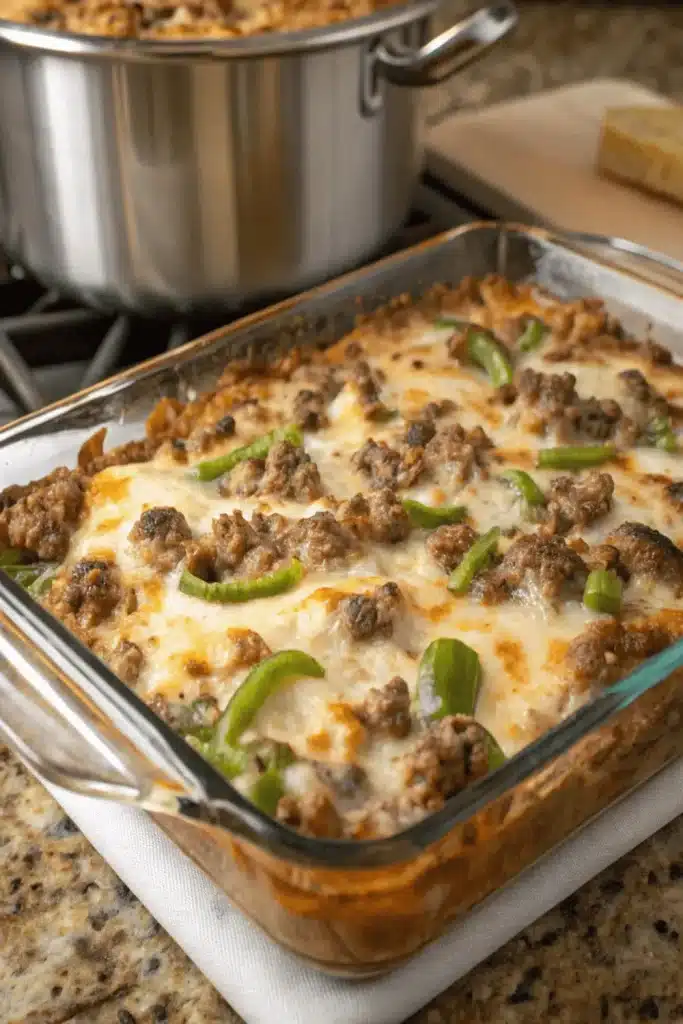 Philly Cheesesteak Casserole loaded with savory beef, sautéed peppers, onions, and melted cheese for a comforting dinner.