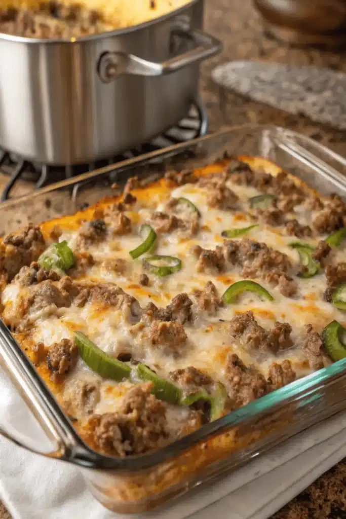 Philly Cheesesteak Casserole loaded with savory beef, sautéed peppers, onions, and melted cheese for a comforting dinner.