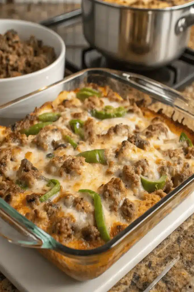 Philly Cheesesteak Casserole loaded with savory beef, sautéed peppers, onions, and melted cheese for a comforting dinner.