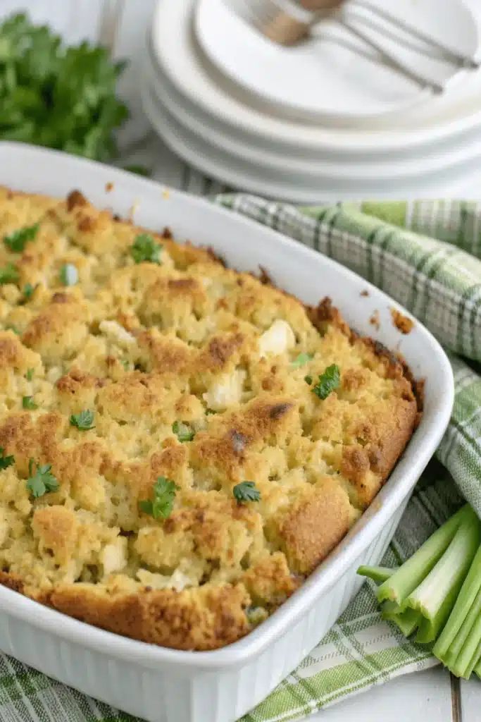 Cornbread Dressing made with moist cornbread, savory seasonings, and herbs for a classic holiday side dish.