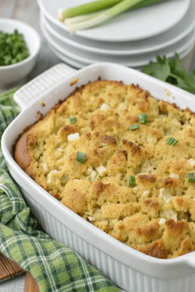 Cornbread Dressing made with moist cornbread, savory seasonings, and herbs for a classic holiday side dish.