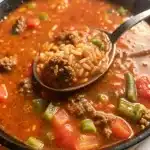 Warm and savory stuffed pepper soup, perfect for a satisfying family meal.