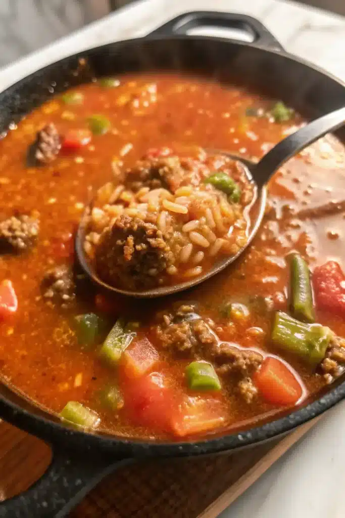 Warm and savory stuffed pepper soup, perfect for a satisfying family meal.