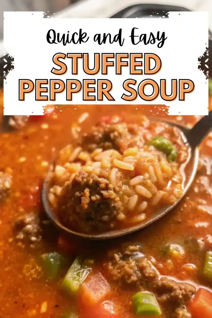 Hearty and flavorful stuffed pepper soup, loaded with ground beef and tender peppers.