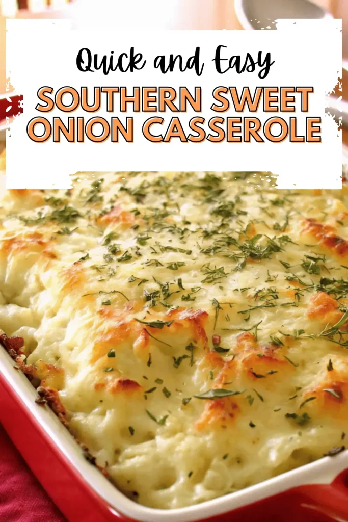 A comforting Southern Sweet Onion Casserole with caramelized onions, a creamy filling, and a golden, crispy topping served in a vibrant red dish.