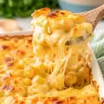 Tini's Mac and Cheese in a baking dish, featuring creamy cavatappi pasta with a golden, cheesy topping, ready to serve.