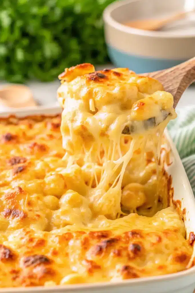 Tini's Mac and Cheese in a baking dish, featuring creamy cavatappi pasta with a golden, cheesy topping, ready to serve.