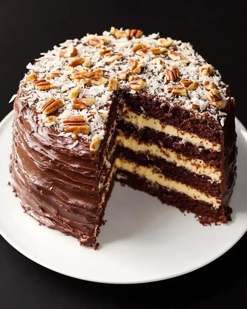 german chocolate cake with coconut pecan filling