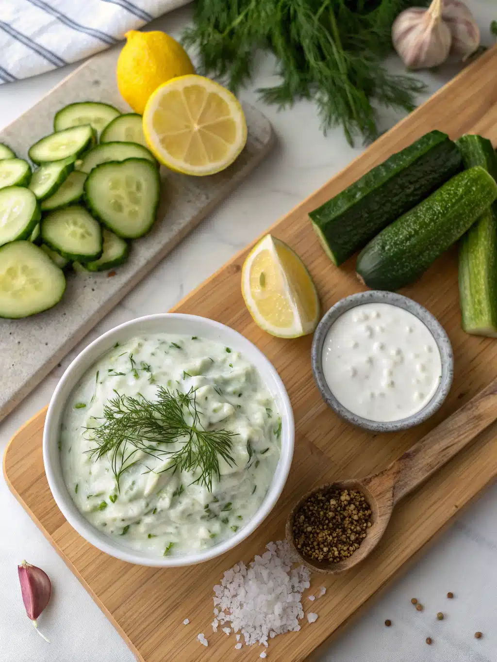 cucumber yogurt dip ingredients laid out on counter
