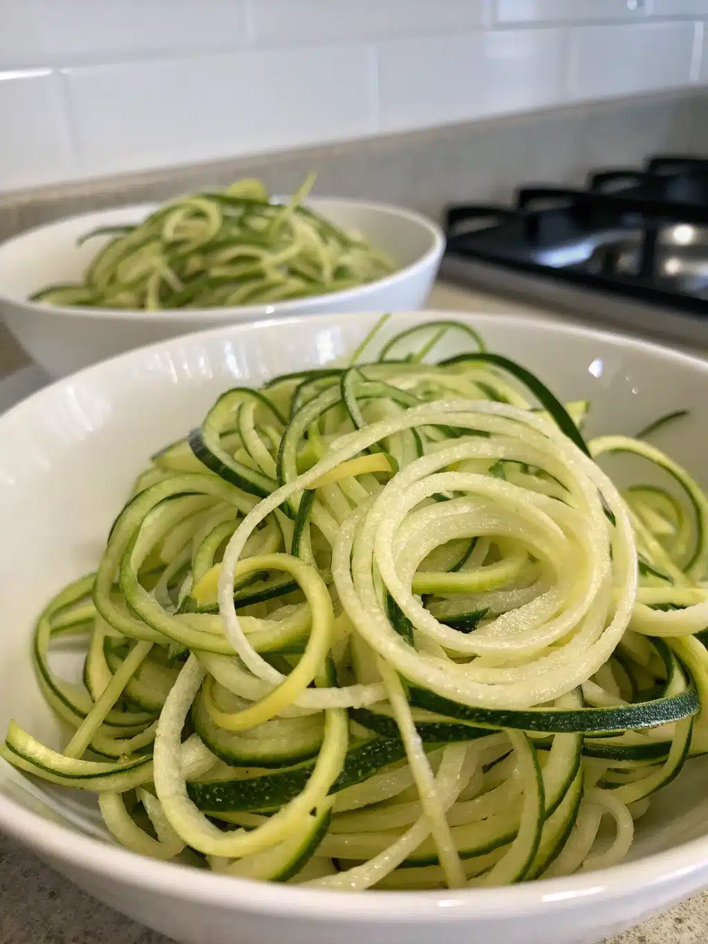 Ingredients for zucchini noodles laid out on a counter