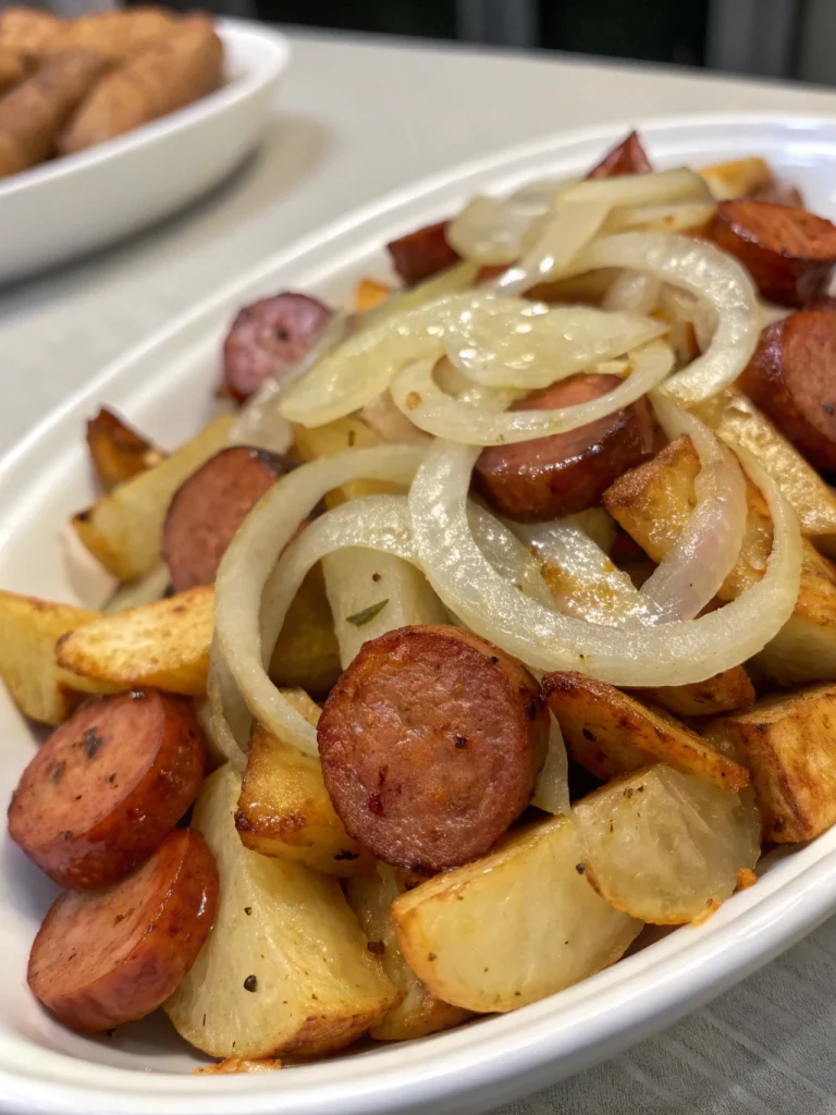 Fried Potatoes Onions and Smoked Polish Sausage