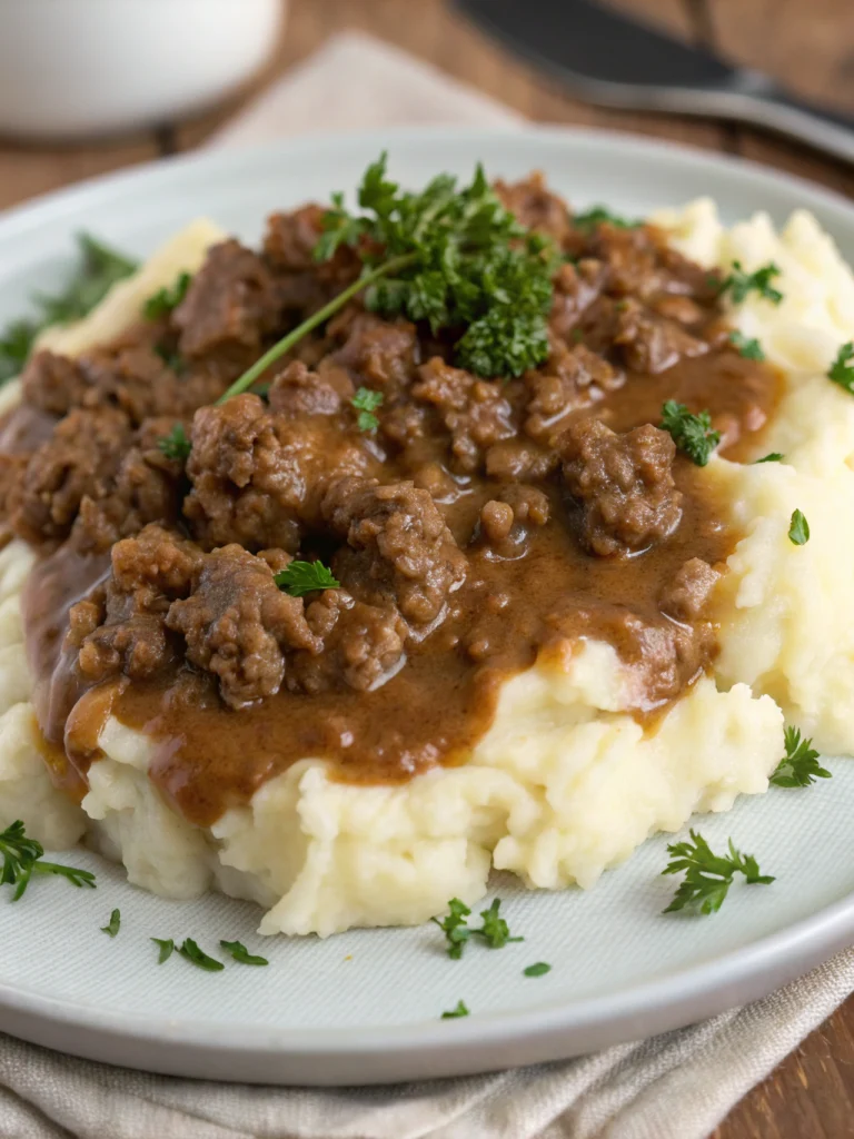Ground Beef and Gravy over Mashed Potatoes