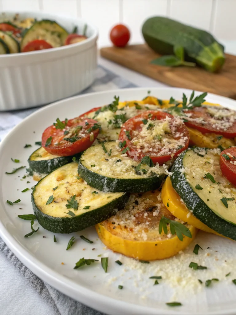 Roasted Garlic Parmesan Zucchini Squash and Tomatoes