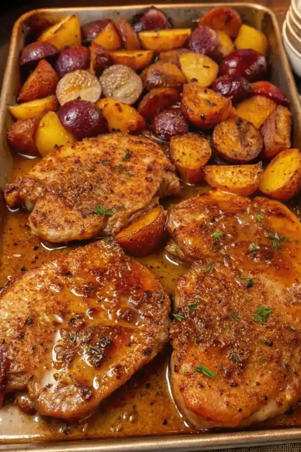 15 sheet pan pork chops with multi colored potatoes