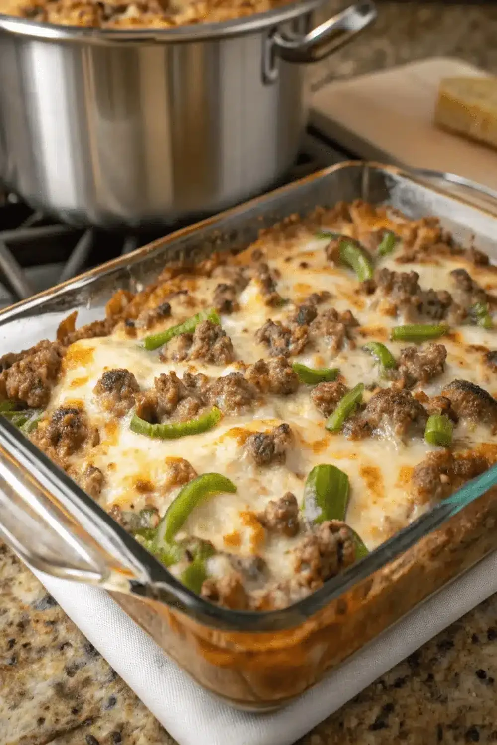 Philly Cheesesteak Casserole loaded with savory beef, sautéed peppers, onions, and melted cheese for a comforting dinner.