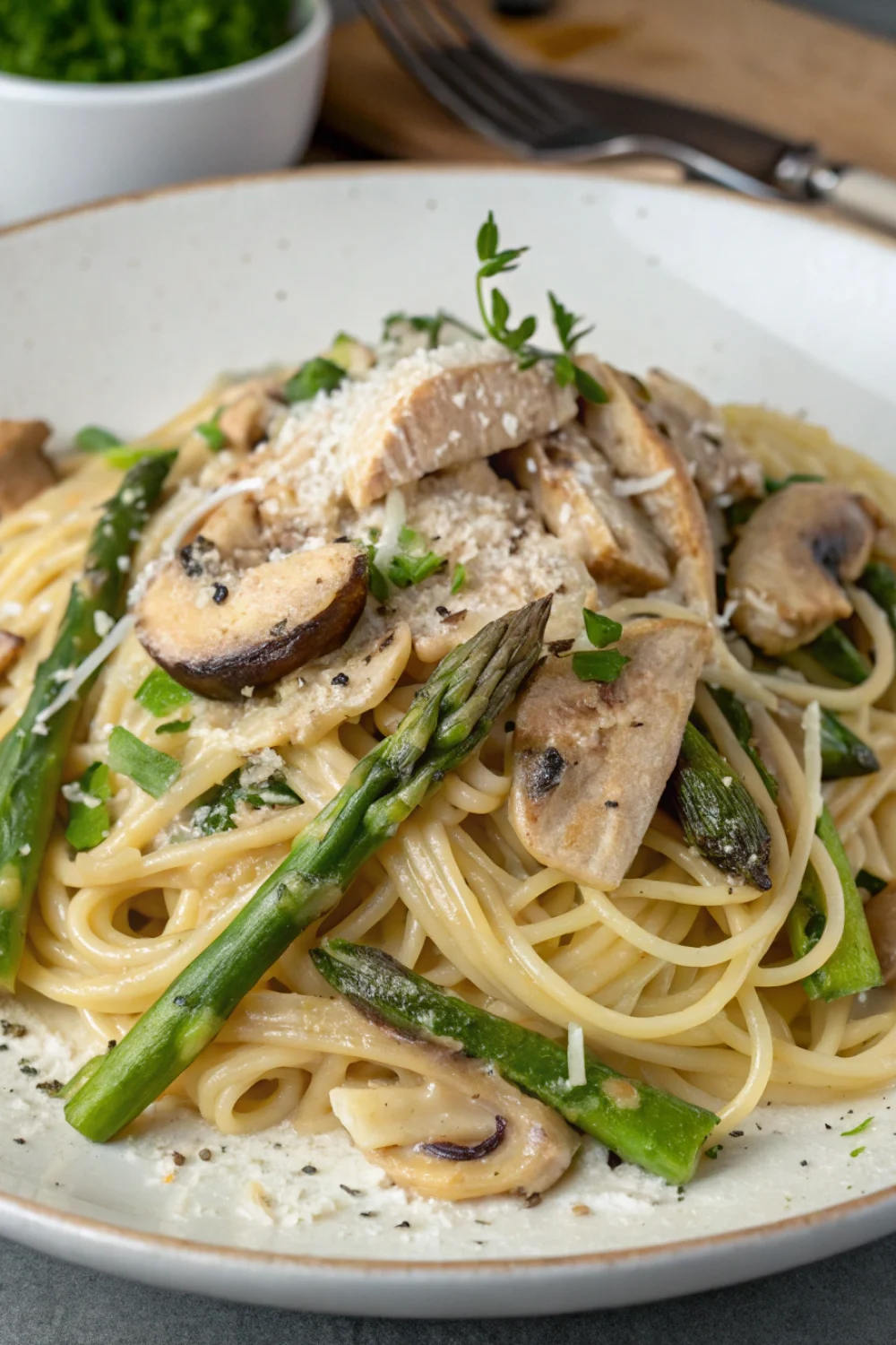 Creamy Mushroom Asparagus Chicken Pasta