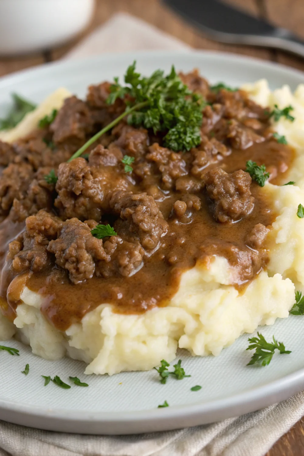 Ground Beef and Gravy over Mashed Potatoes