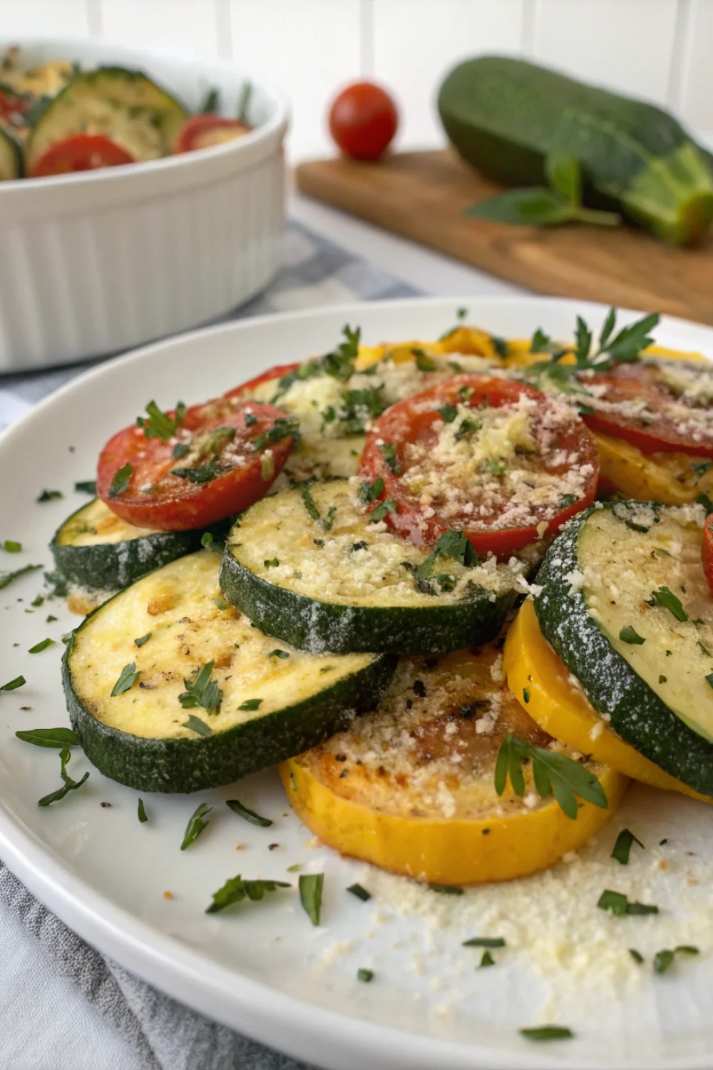 Roasted Garlic Parmesan Zucchini Squash and Tomatoes